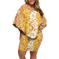 Hawaiian Lei Day Family Matching Off Shoulder Short Dress and Hawaiian Shirt Gold Hibiscus Flowers Lei Art