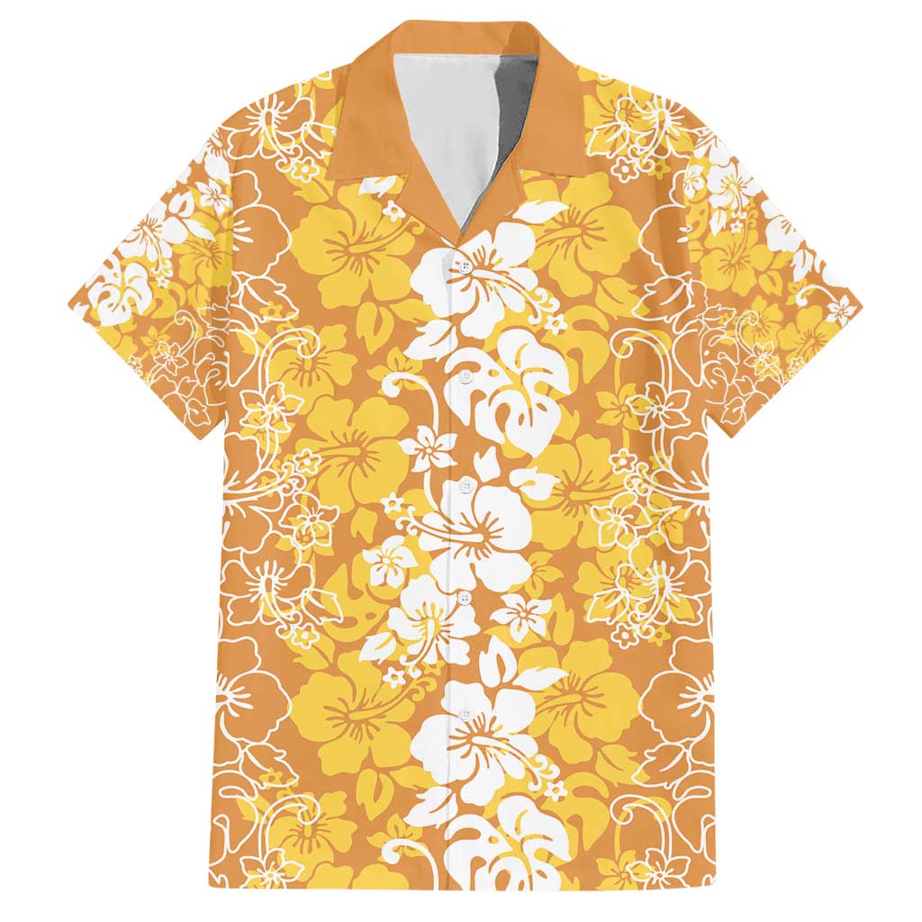 Hawaiian Lei Day Family Matching Short Sleeve Bodycon Dress and Hawaiian Shirt Gold Hibiscus Flowers Lei Art