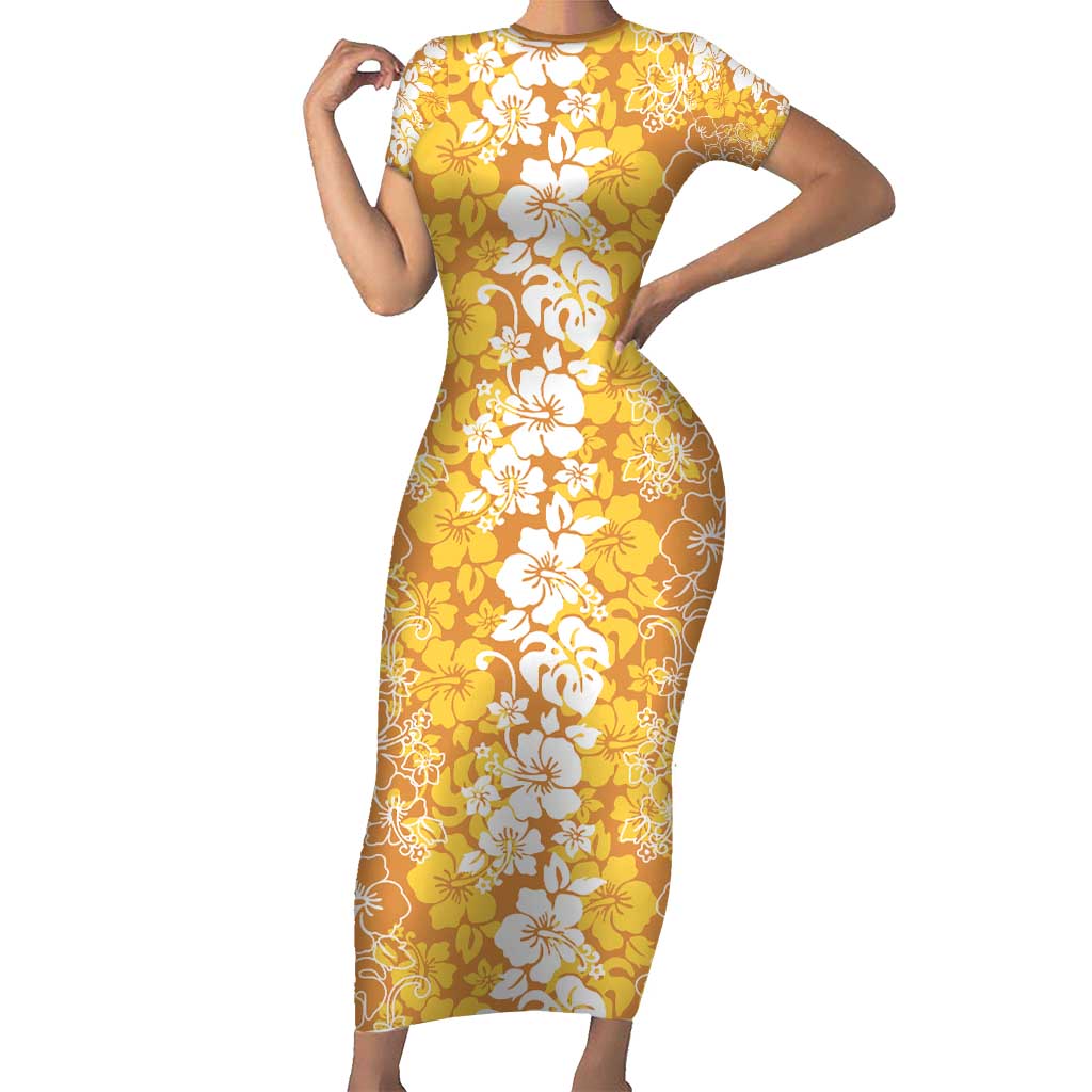 Hawaiian Lei Day Family Matching Short Sleeve Bodycon Dress and Hawaiian Shirt Gold Hibiscus Flowers Lei Art