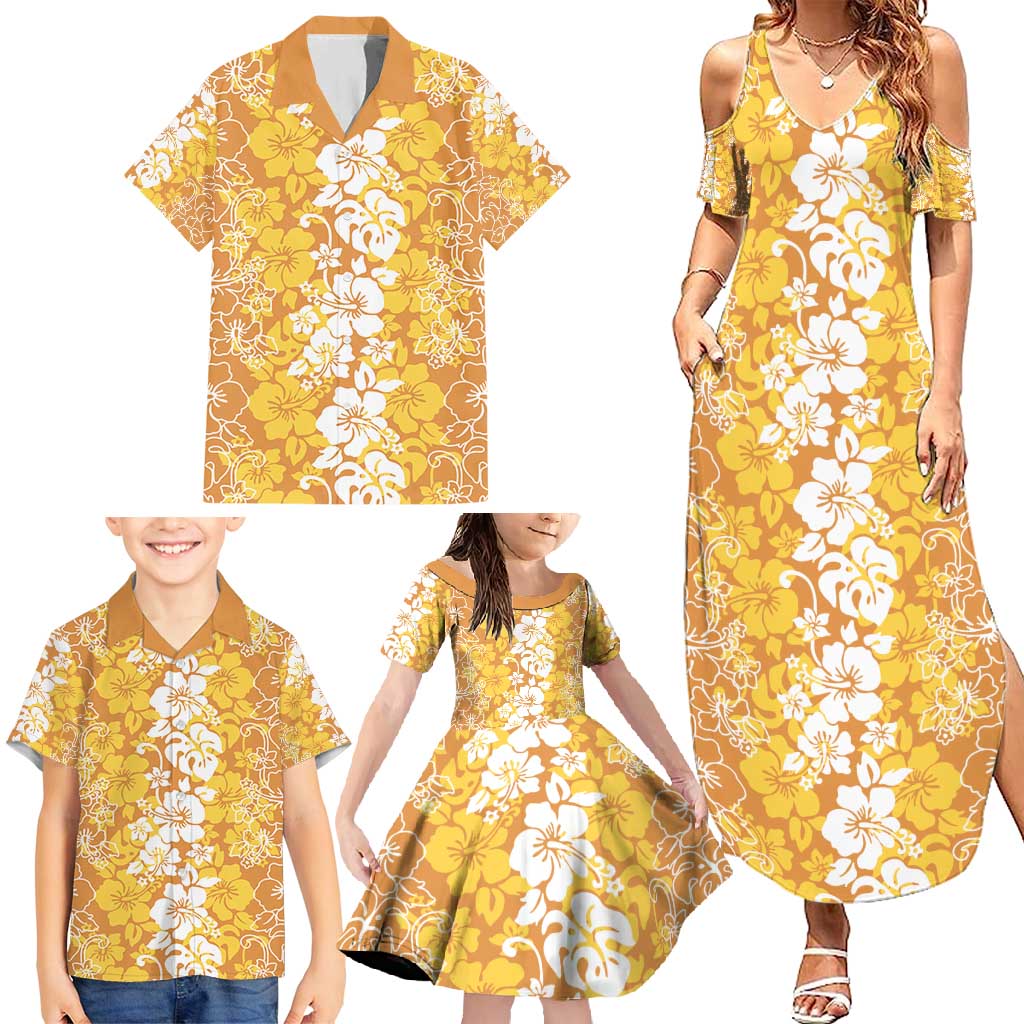 Hawaiian Lei Day Family Matching Summer Maxi Dress and Hawaiian Shirt Gold Hibiscus Flowers Lei Art