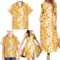 Hawaiian Lei Day Family Matching Summer Maxi Dress and Hawaiian Shirt Gold Hibiscus Flowers Lei Art