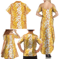 Hawaiian Lei Day Family Matching Summer Maxi Dress and Hawaiian Shirt Gold Hibiscus Flowers Lei Art