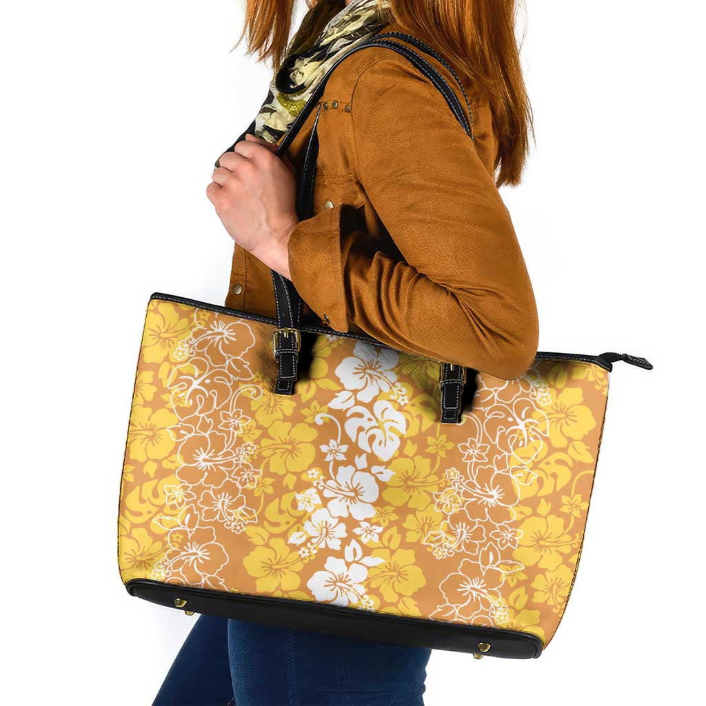 Hawaiian Lei Day Leather Tote Bag Gold Hibiscus Flowers Lei Art