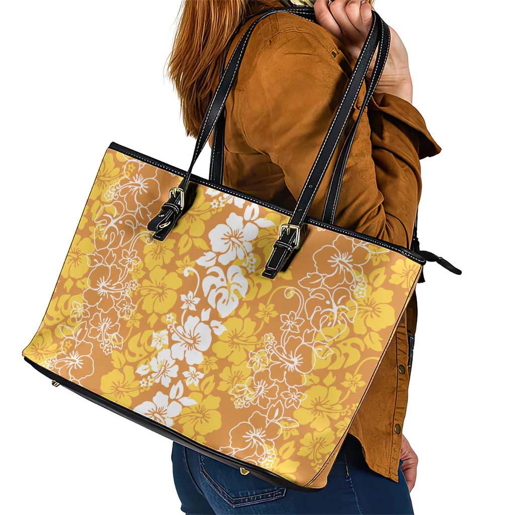 Hawaiian Lei Day Leather Tote Bag Gold Hibiscus Flowers Lei Art
