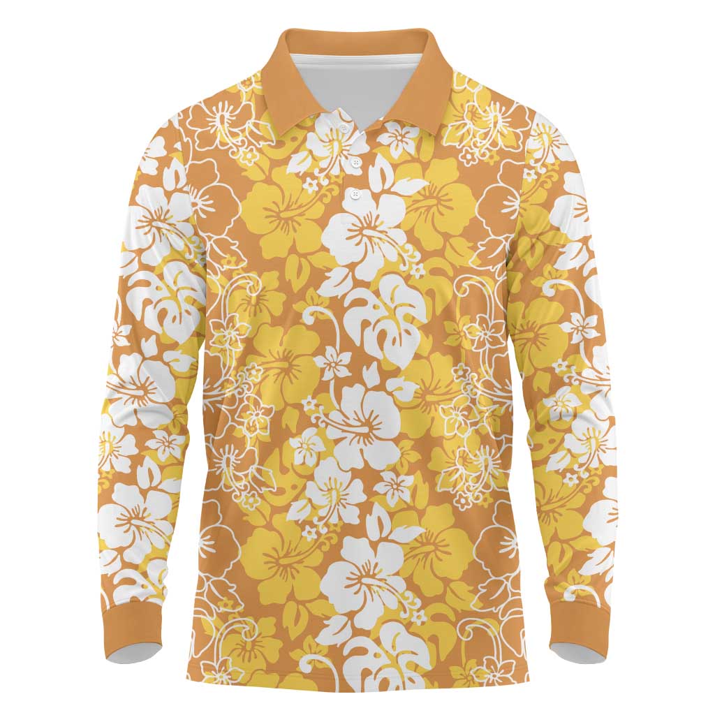 Hawaiian Lei Day Long Sleeve Polo Shirt Gold Hibiscus Flowers Lei Art