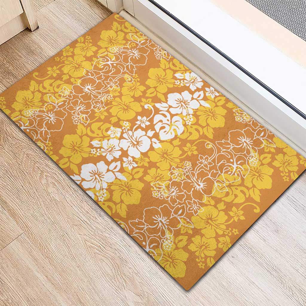 Hawaiian Lei Day Rubber Doormat Gold Hibiscus Flowers Lei Art