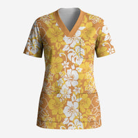 Hawaiian Lei Day Scrub Top Gold Hibiscus Flowers Lei Art - Polynesian Pride