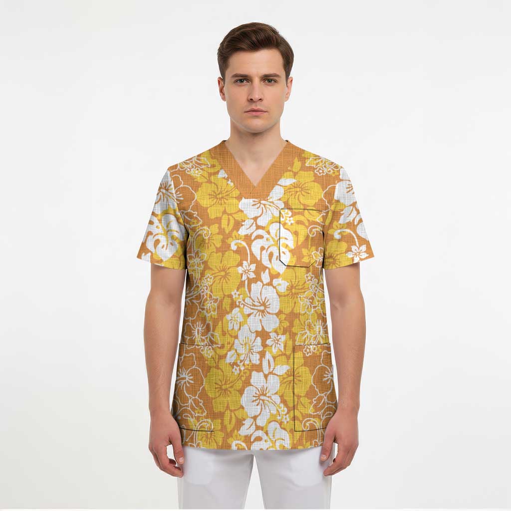 Hawaiian Lei Day Scrub Top Gold Hibiscus Flowers Lei Art - Polynesian Pride