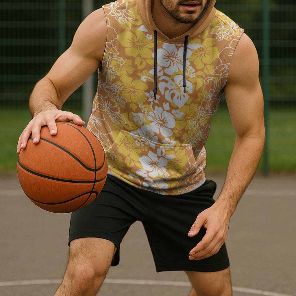 Hawaiian Lei Day Sleeveless Hoodie Gold Hibiscus Flowers Lei Art - Polynesian Pride