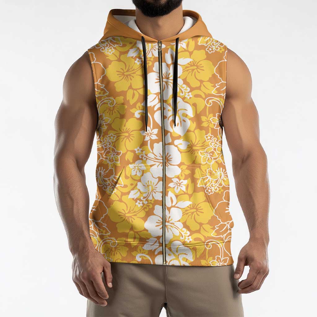 Hawaiian Lei Day Sleeveless Zip Hoodie Gold Hibiscus Flowers Lei Art - Polynesian Pride