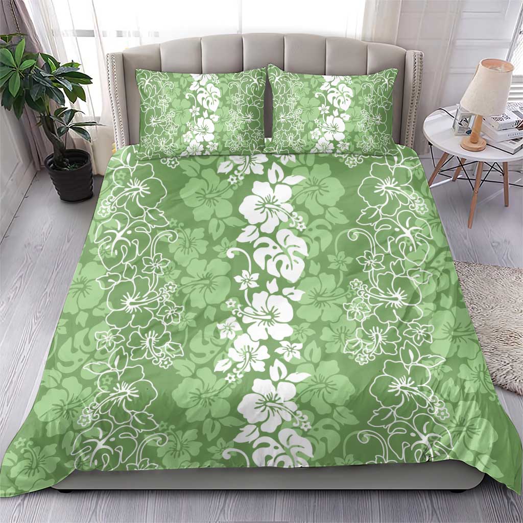 Hawaiian Lei Day Bedding Set Green Hibiscus Flowers Lei Art