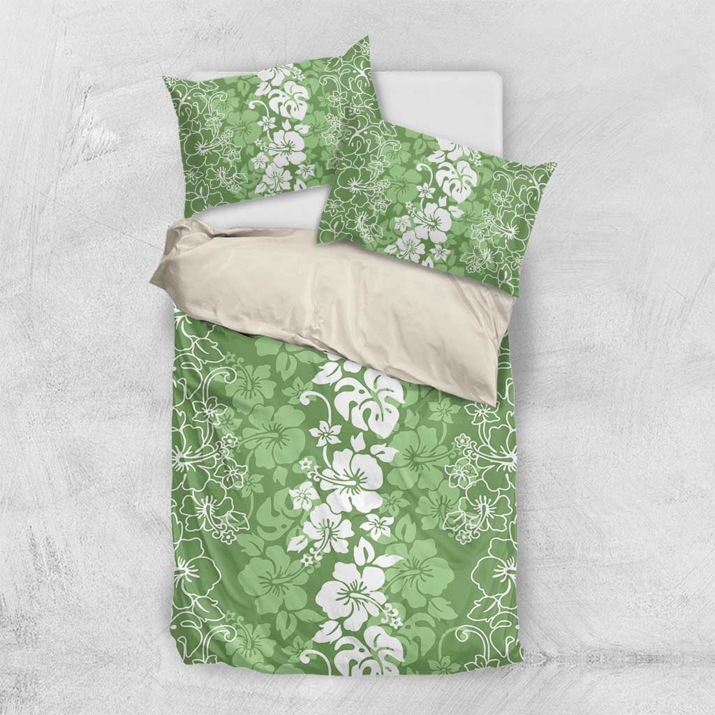 Hawaiian Lei Day Bedding Set Green Hibiscus Flowers Lei Art