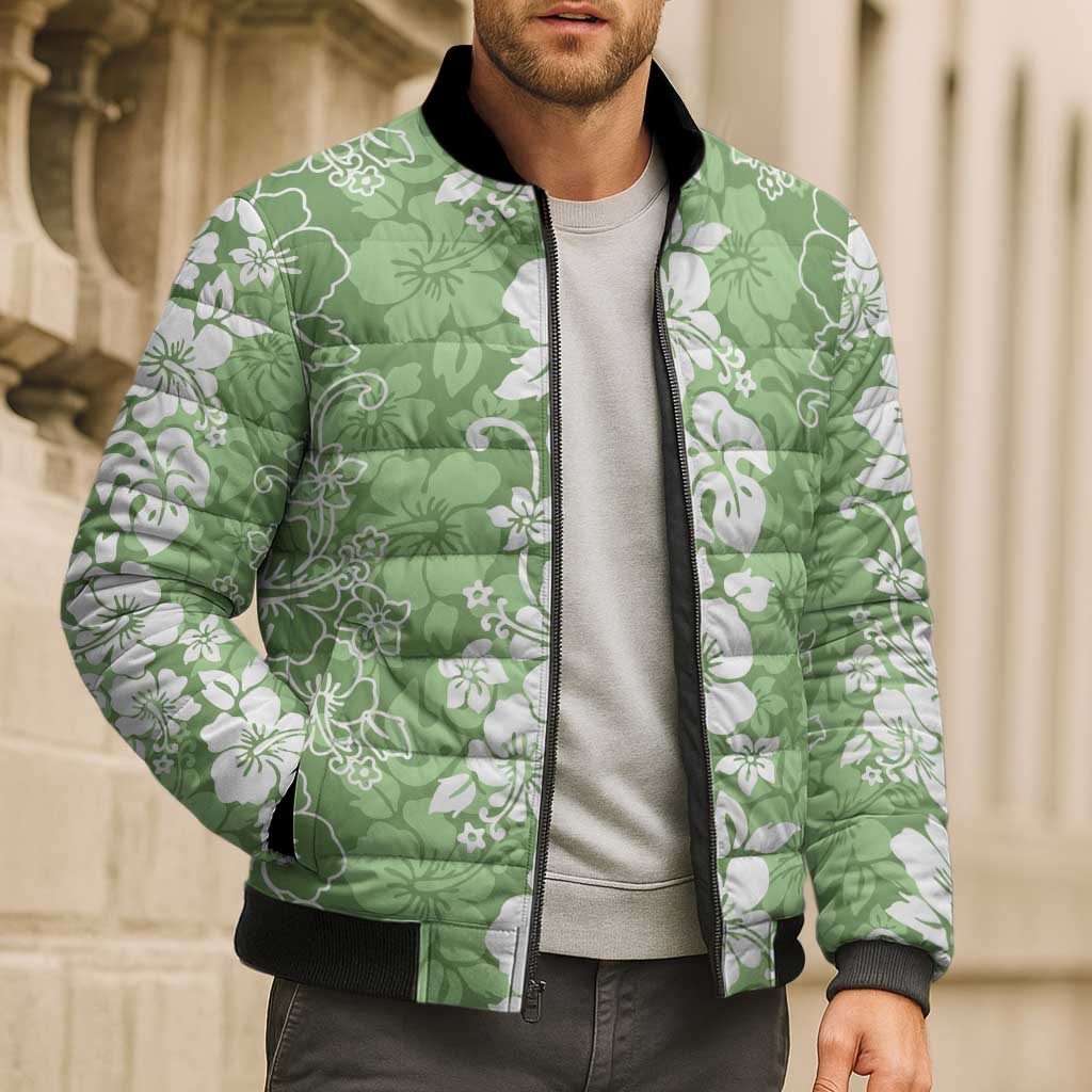 Hawaiian Lei Day Bomber Puffer Jacket Green Hibiscus Flowers Lei Art - Polynesian Pride
