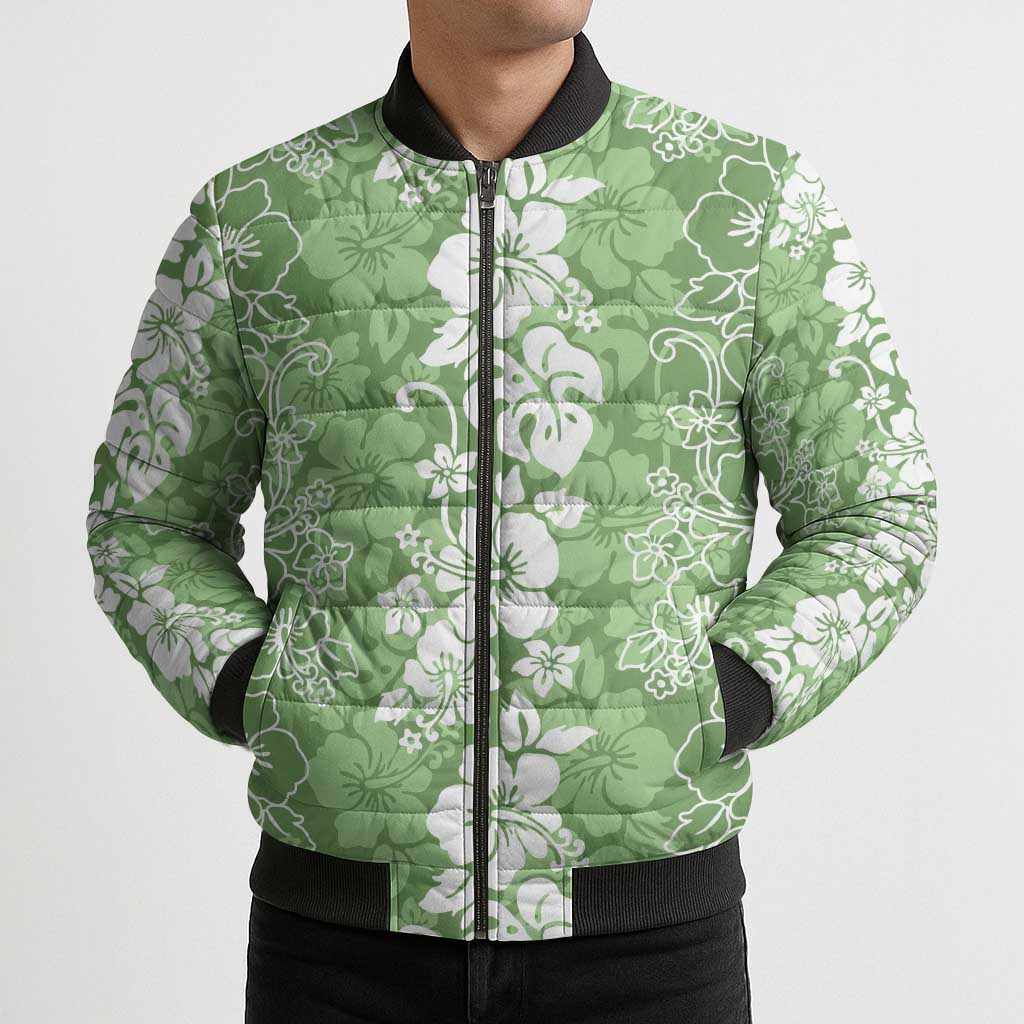 Hawaiian Lei Day Bomber Puffer Jacket Green Hibiscus Flowers Lei Art - Polynesian Pride