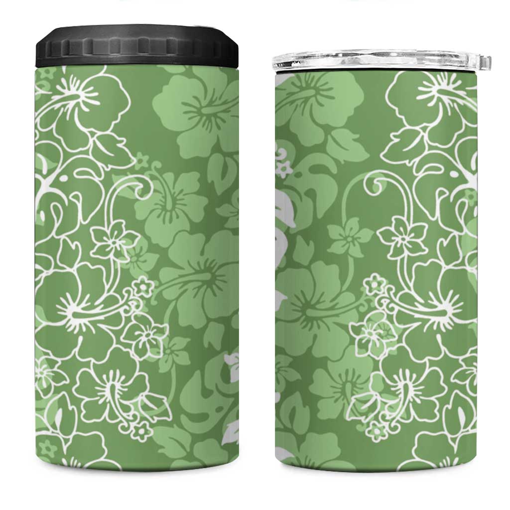 Hawaiian Lei Day 4 in 1 Can Cooler Tumbler Green Hibiscus Flowers Lei Art