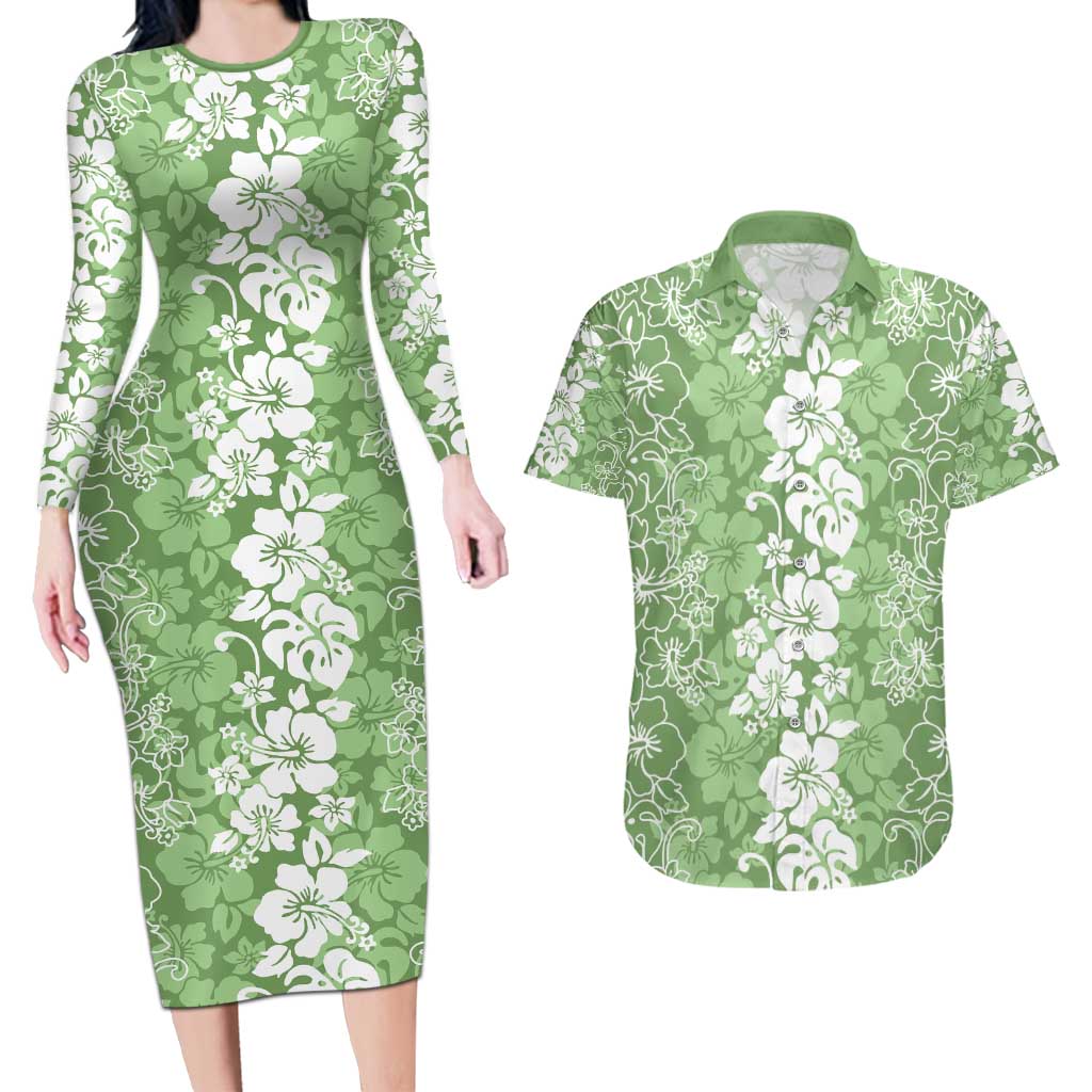 Hawaiian Lei Day Couples Matching Long Sleeve Bodycon Dress and Hawaiian Shirt Green Hibiscus Flowers Lei Art