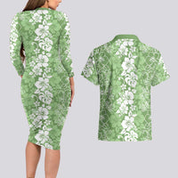 Hawaiian Lei Day Couples Matching Long Sleeve Bodycon Dress and Hawaiian Shirt Green Hibiscus Flowers Lei Art