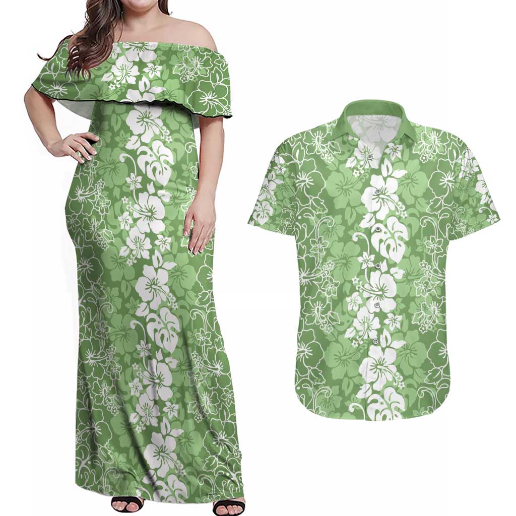 Hawaiian Lei Day Couples Matching Off Shoulder Maxi Dress and Hawaiian Shirt Green Hibiscus Flowers Lei Art