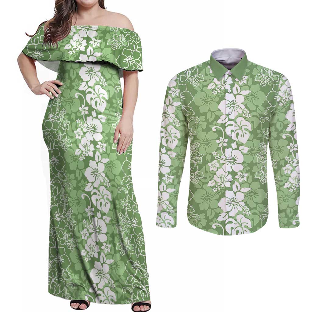 Hawaiian Lei Day Couples Matching Off Shoulder Maxi Dress and Long Sleeve Button Shirt Green Hibiscus Flowers Lei Art