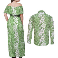 Hawaiian Lei Day Couples Matching Off Shoulder Maxi Dress and Long Sleeve Button Shirt Green Hibiscus Flowers Lei Art