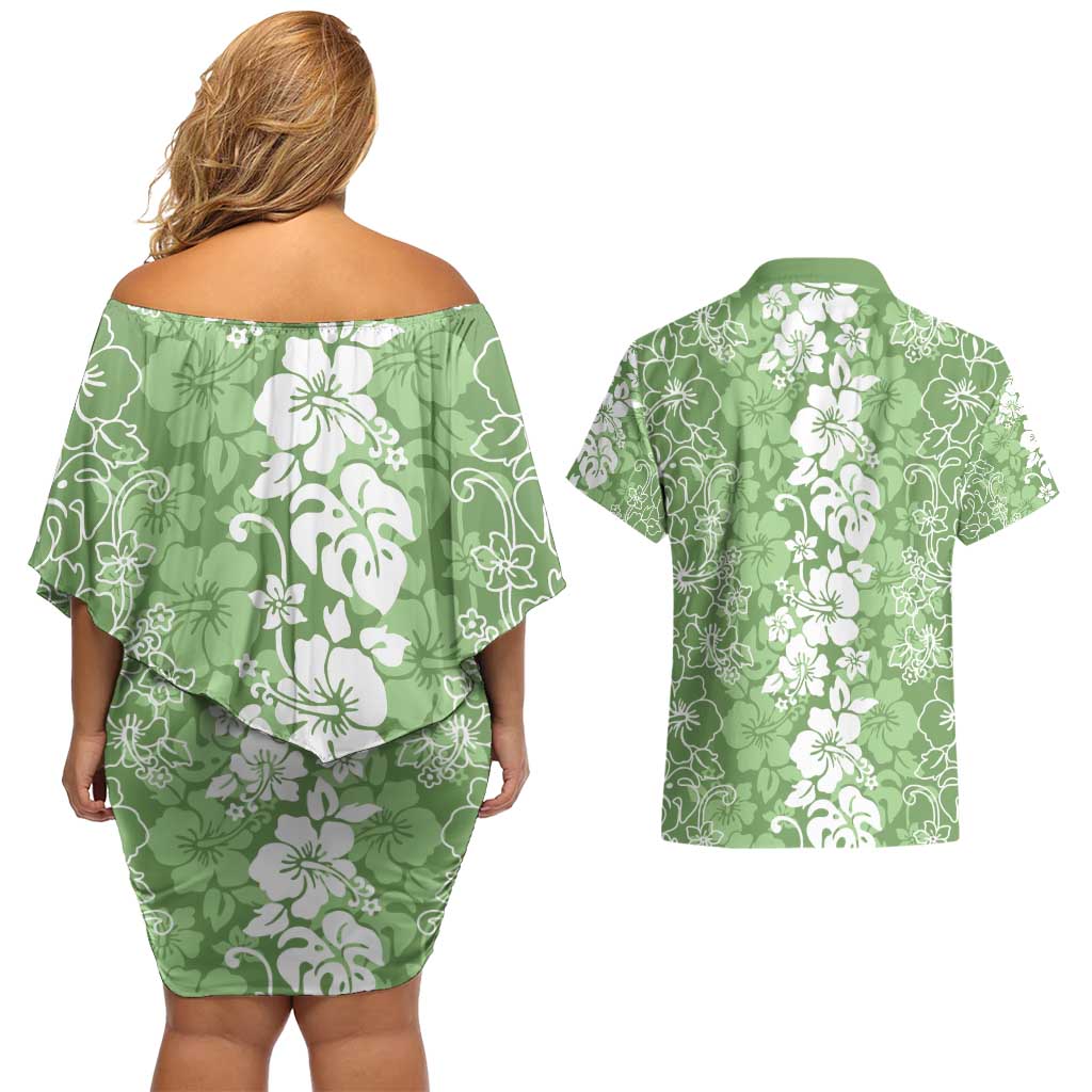 Hawaiian Lei Day Couples Matching Off Shoulder Short Dress and Hawaiian Shirt Green Hibiscus Flowers Lei Art