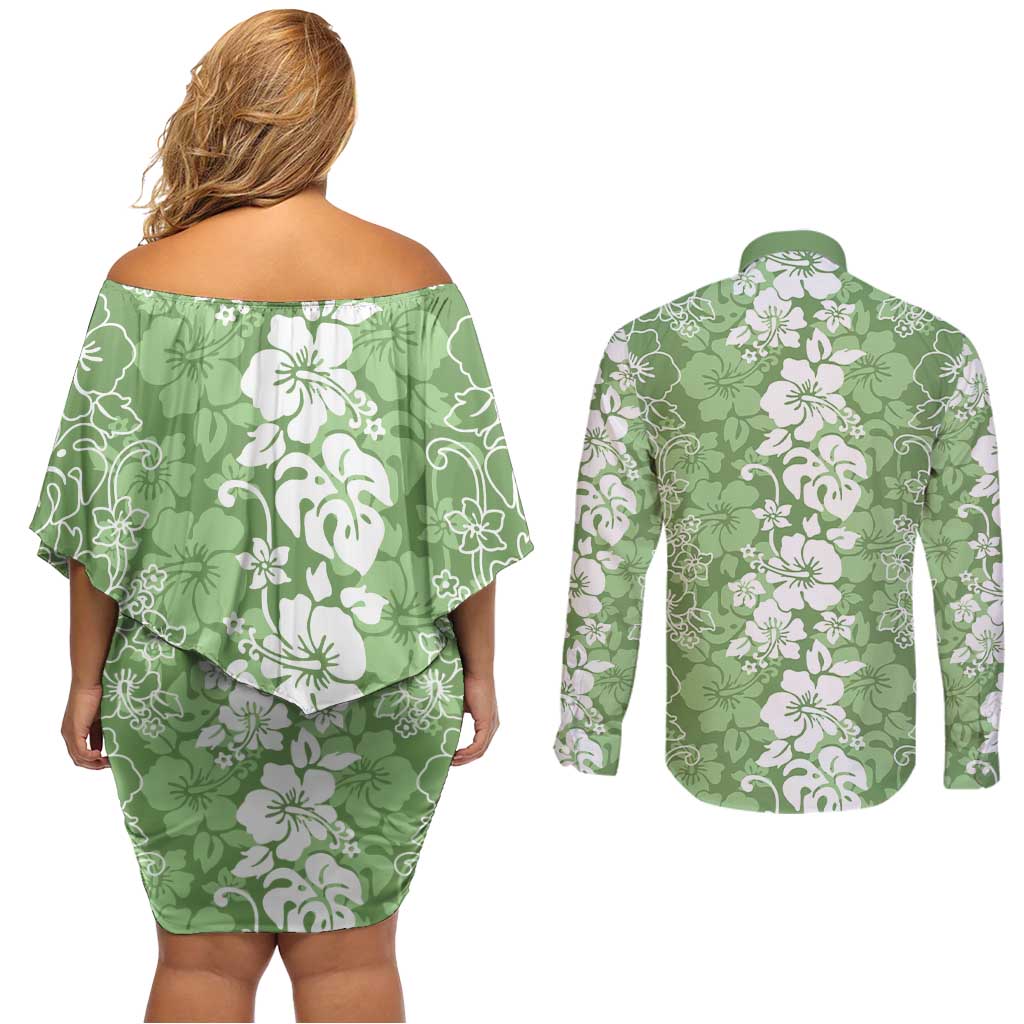 Hawaiian Lei Day Couples Matching Off Shoulder Short Dress and Long Sleeve Button Shirt Green Hibiscus Flowers Lei Art