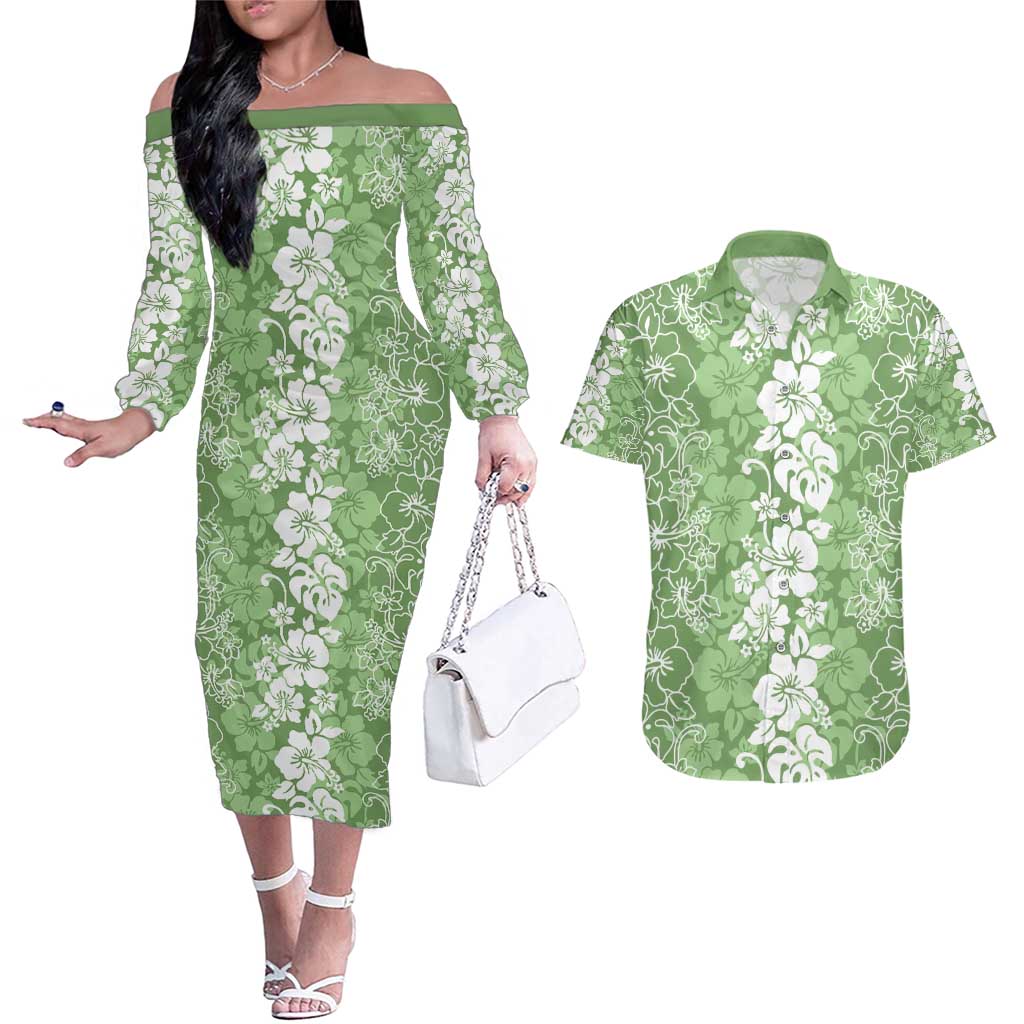 Hawaiian Lei Day Couples Matching Off The Shoulder Long Sleeve Dress and Hawaiian Shirt Green Hibiscus Flowers Lei Art