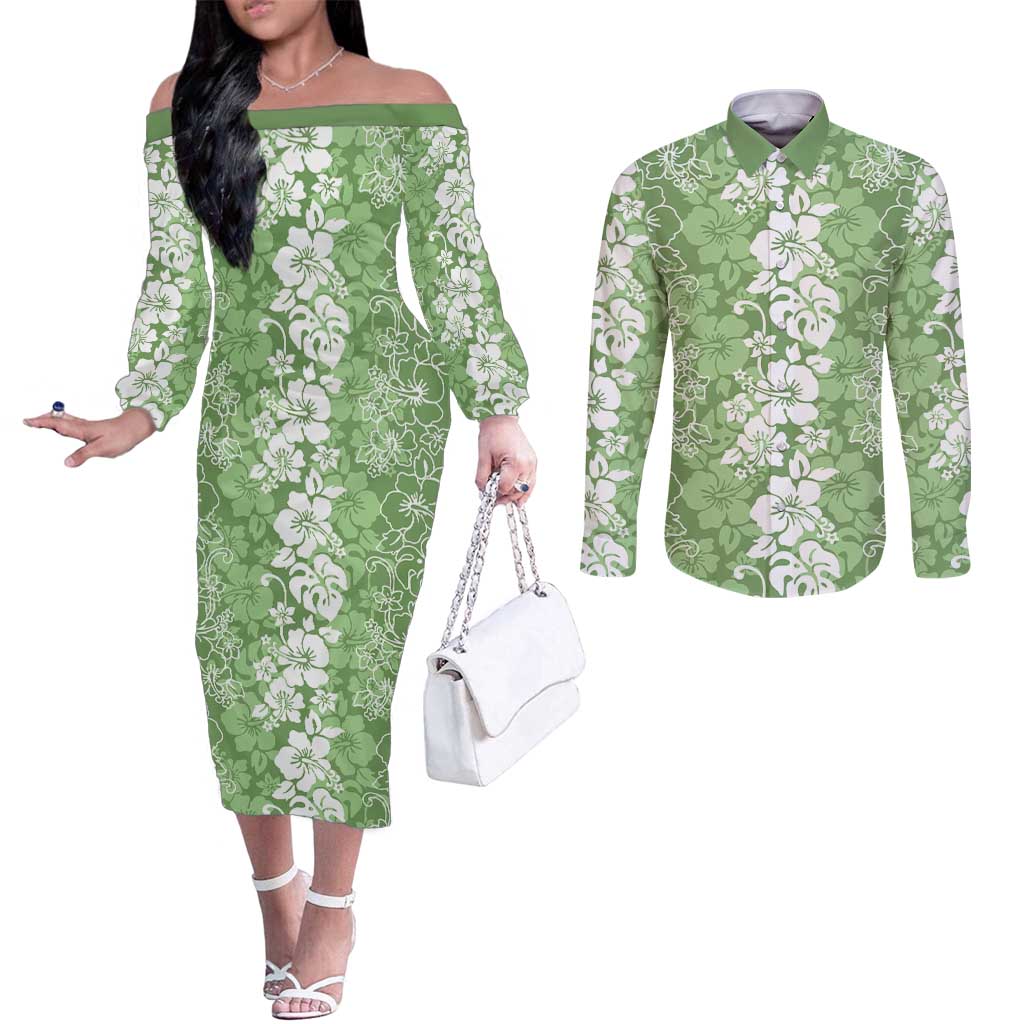 Hawaiian Lei Day Couples Matching Off The Shoulder Long Sleeve Dress and Long Sleeve Button Shirt Green Hibiscus Flowers Lei Art