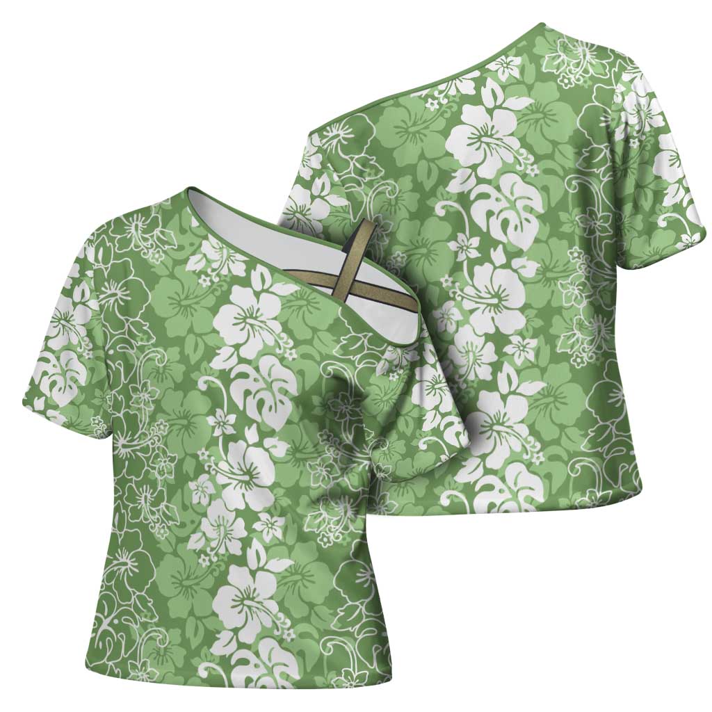 Hawaiian Lei Day Cross Shoulder Shirt Green Hibiscus Flowers Lei Art - Polynesian Pride