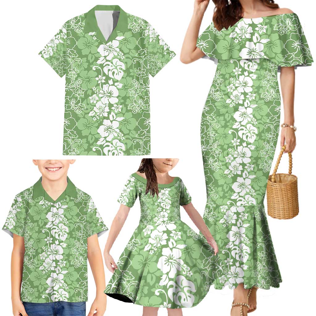 Hawaiian Lei Day Family Matching Mermaid Dress and Hawaiian Shirt Green Hibiscus Flowers Lei Art