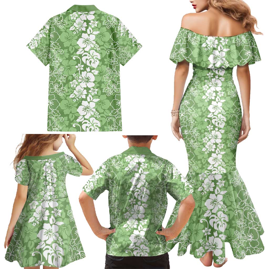 Hawaiian Lei Day Family Matching Mermaid Dress and Hawaiian Shirt Green Hibiscus Flowers Lei Art