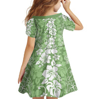 Hawaiian Lei Day Family Matching Off The Shoulder Long Sleeve Dress and Hawaiian Shirt Green Hibiscus Flowers Lei Art