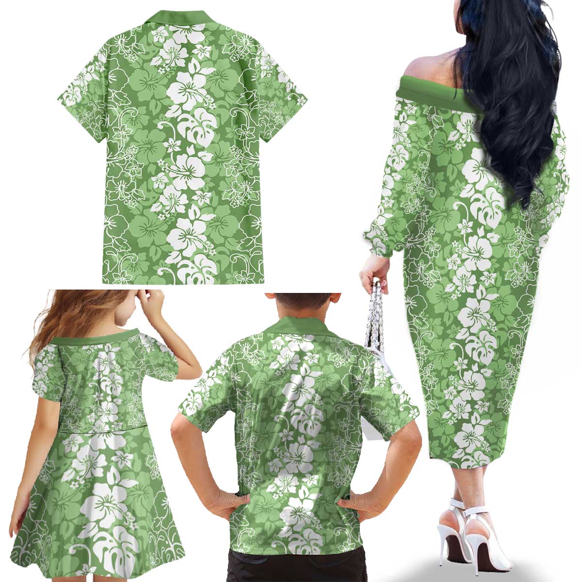 Hawaiian Lei Day Family Matching Off The Shoulder Long Sleeve Dress and Hawaiian Shirt Green Hibiscus Flowers Lei Art