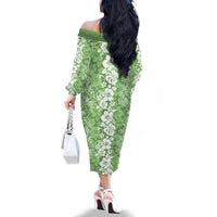Hawaiian Lei Day Family Matching Off The Shoulder Long Sleeve Dress and Hawaiian Shirt Green Hibiscus Flowers Lei Art