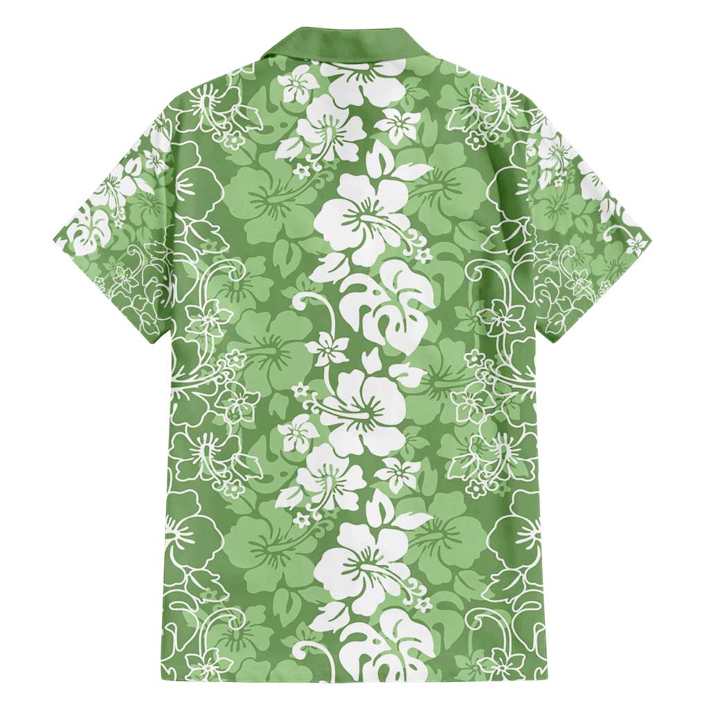 Hawaiian Lei Day Family Matching Off Shoulder Short Dress and Hawaiian Shirt Green Hibiscus Flowers Lei Art