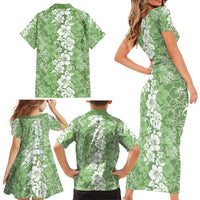Hawaiian Lei Day Family Matching Short Sleeve Bodycon Dress and Hawaiian Shirt Green Hibiscus Flowers Lei Art