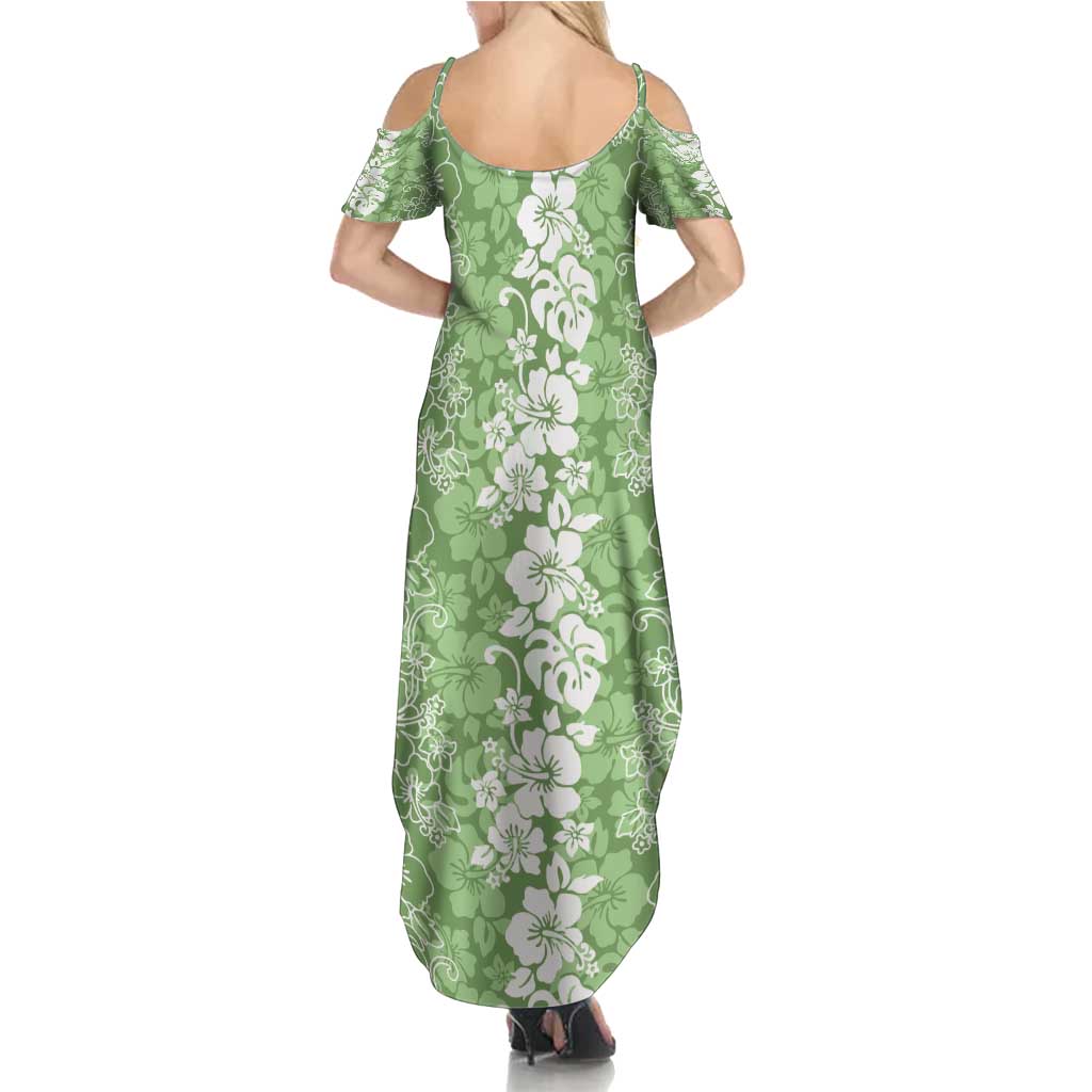 Hawaiian Lei Day Family Matching Summer Maxi Dress and Hawaiian Shirt Green Hibiscus Flowers Lei Art