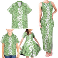 Hawaiian Lei Day Family Matching Tank Maxi Dress and Hawaiian Shirt Green Hibiscus Flowers Lei Art