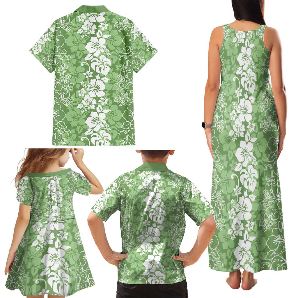 Hawaiian Lei Day Family Matching Tank Maxi Dress and Hawaiian Shirt Green Hibiscus Flowers Lei Art