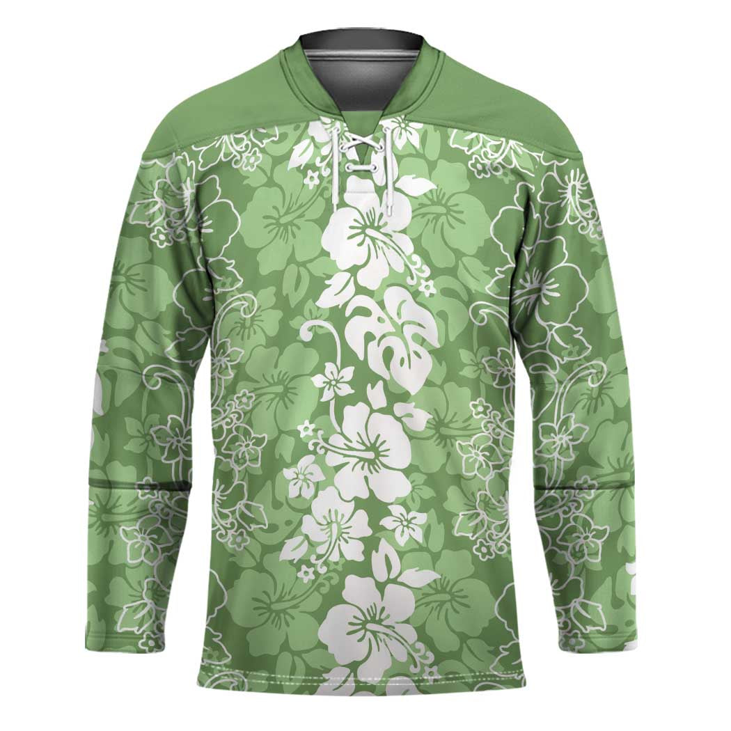 Hawaiian Lei Day Hockey Jersey Green Hibiscus Flowers Lei Art - Polynesian Pride