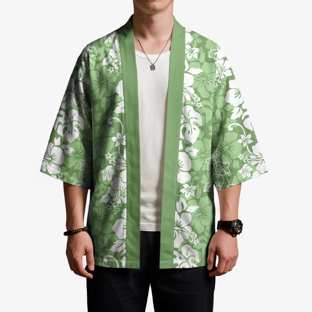 Hawaiian Lei Day Kimono Green Hibiscus Flowers Lei Art - Polynesian Pride