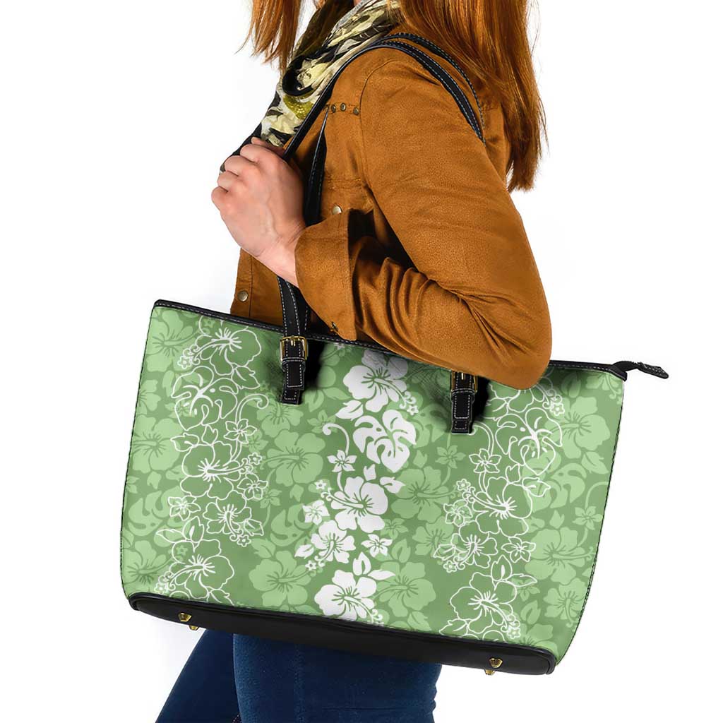 Hawaiian Lei Day Leather Tote Bag Green Hibiscus Flowers Lei Art