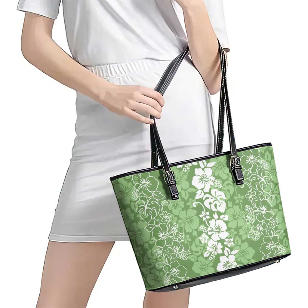 Hawaiian Lei Day Leather Tote Bag Green Hibiscus Flowers Lei Art