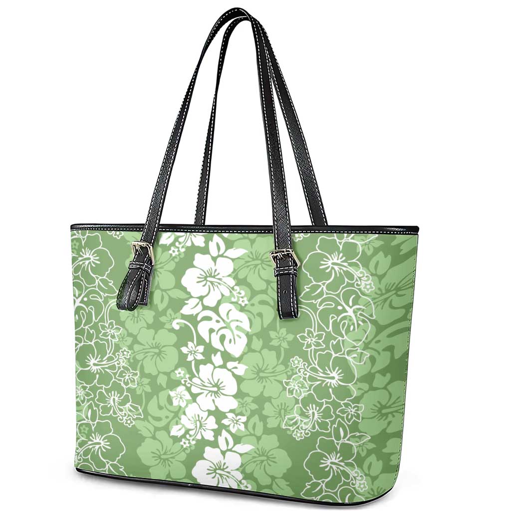 Hawaiian Lei Day Leather Tote Bag Green Hibiscus Flowers Lei Art