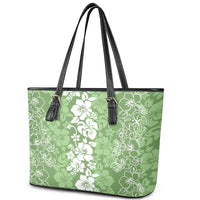 Hawaiian Lei Day Leather Tote Bag Green Hibiscus Flowers Lei Art