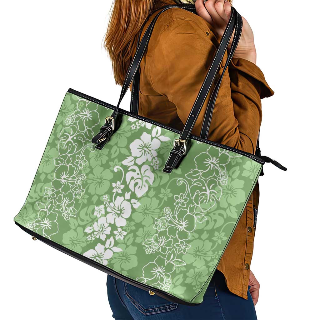 Hawaiian Lei Day Leather Tote Bag Green Hibiscus Flowers Lei Art