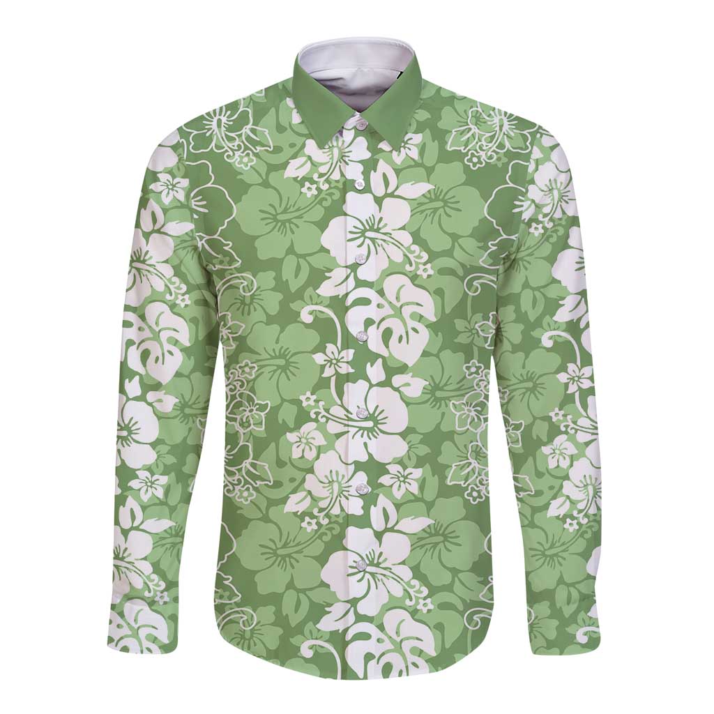 Hawaiian Lei Day Long Sleeve Button Shirt Green Hibiscus Flowers Lei Art