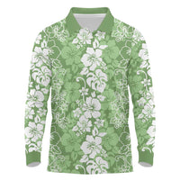 Hawaiian Lei Day Long Sleeve Polo Shirt Green Hibiscus Flowers Lei Art