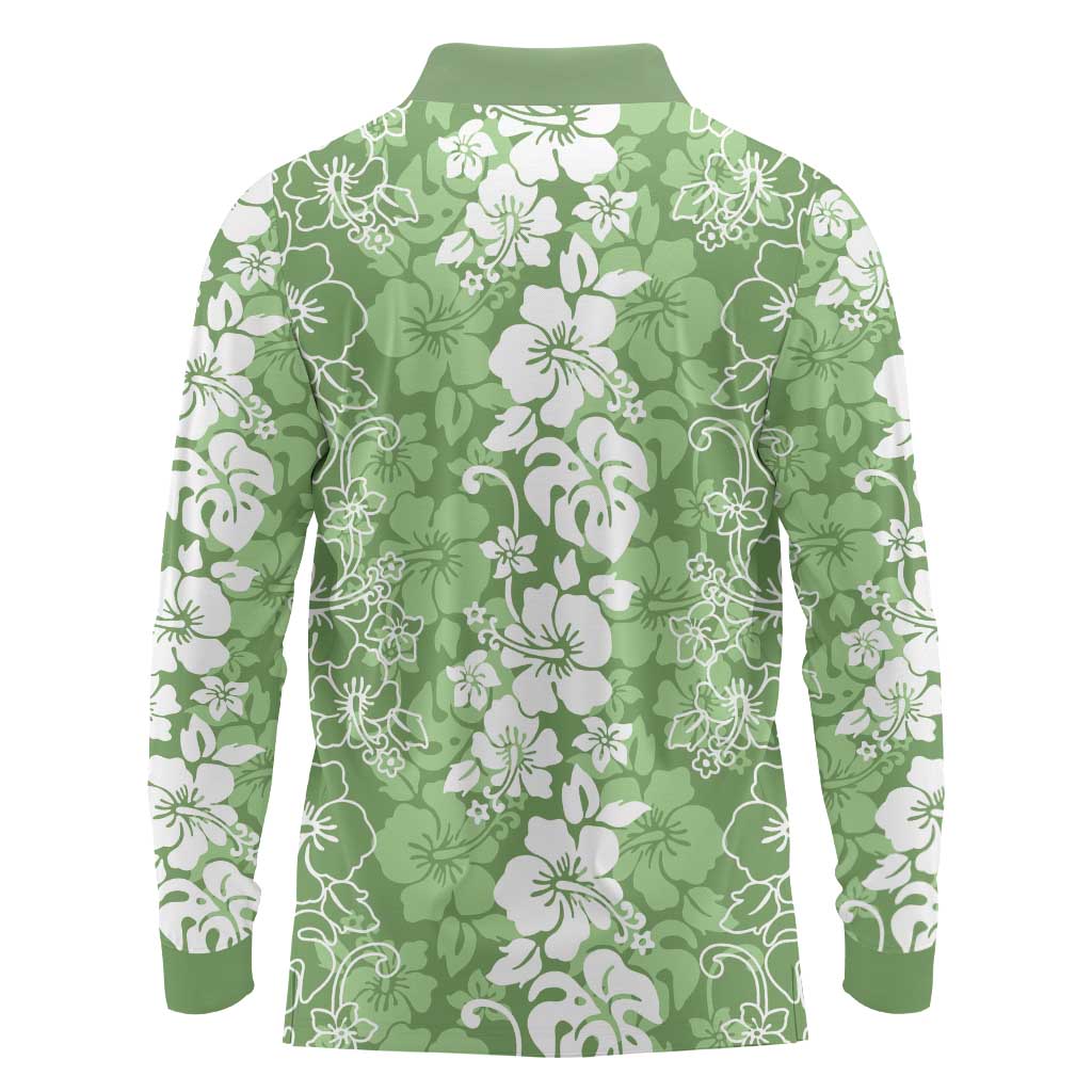 Hawaiian Lei Day Long Sleeve Polo Shirt Green Hibiscus Flowers Lei Art
