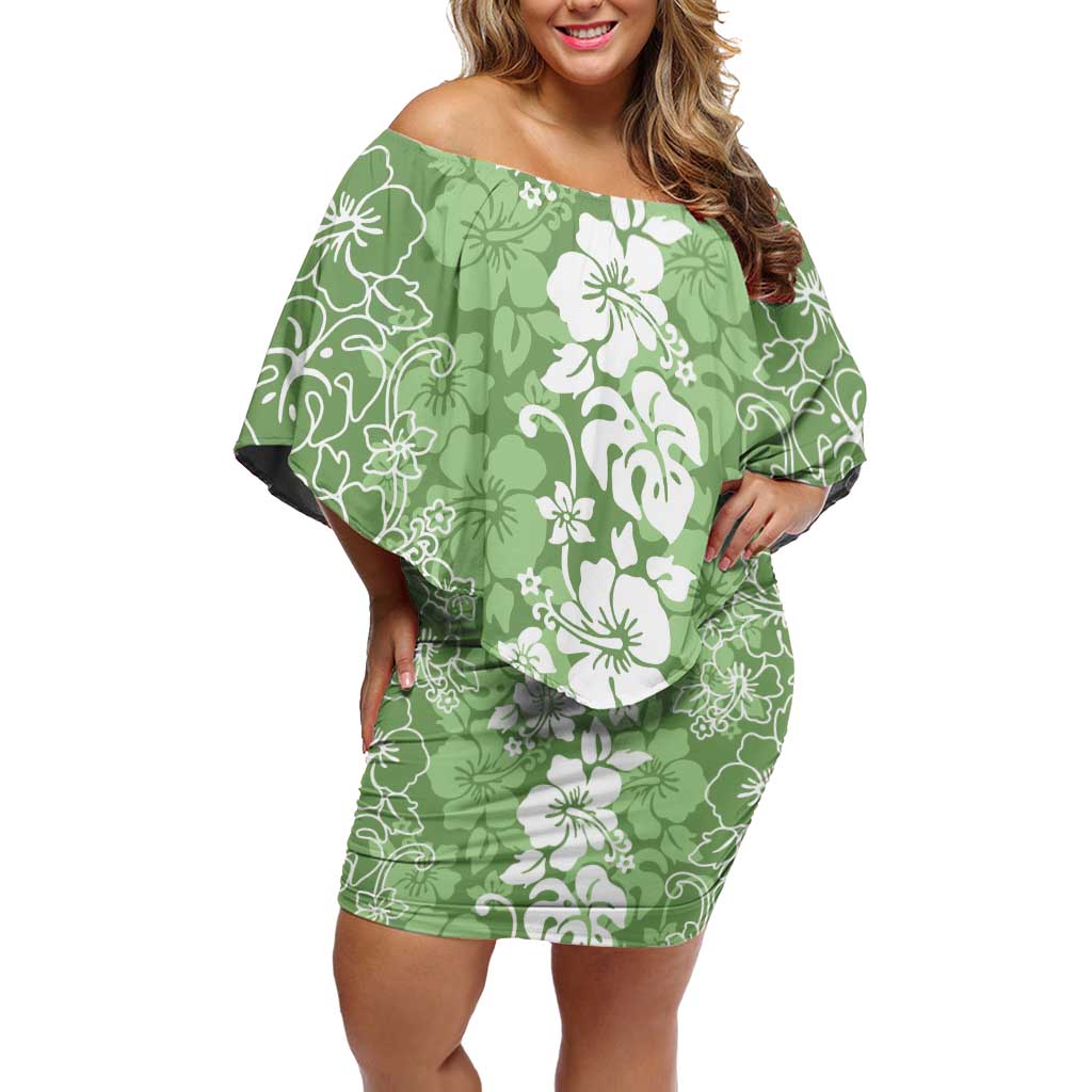 Hawaiian Lei Day Off Shoulder Short Dress Green Hibiscus Flowers Lei Art